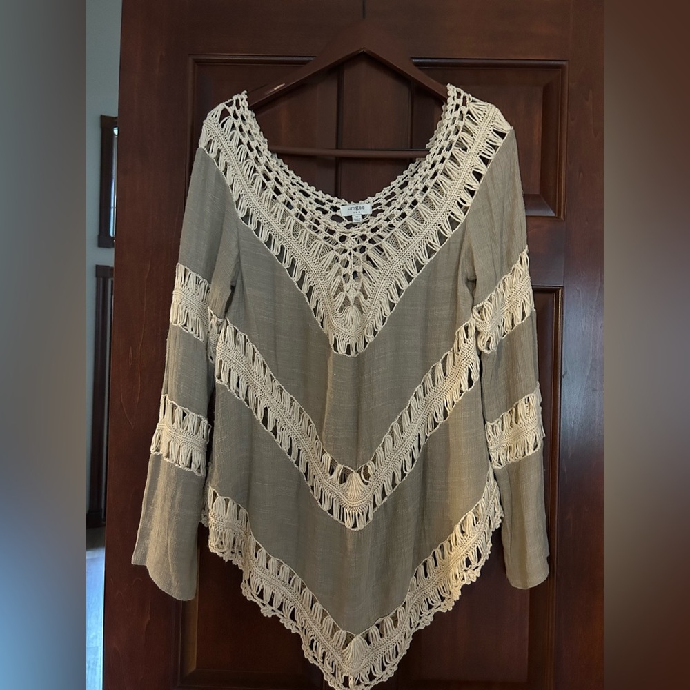 Umgee Boho Crochet Fringe Tunic Top Olive Beige Long Sleeve Medium
